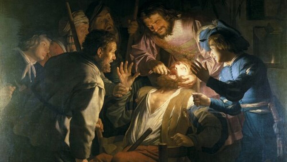 Abbildung 4: Behandlung im geschlossenen Raum: Gerrit van Honthorst, „Der Zahnarzt“, 1622, Gemäldegalerie Dresden |