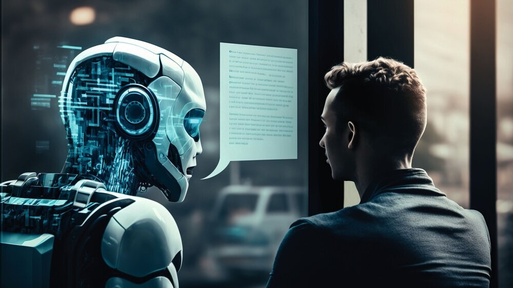 person talking with robotic ai.futuristic technology or machine learning concepts person talking with robotic ai.futuristic technology or machine learning concepts.ai generated images