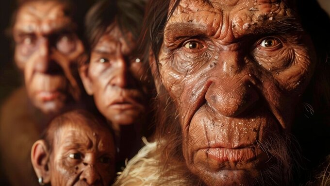 Family portrait of Neanderthals in prehistoric era Neanderthaler