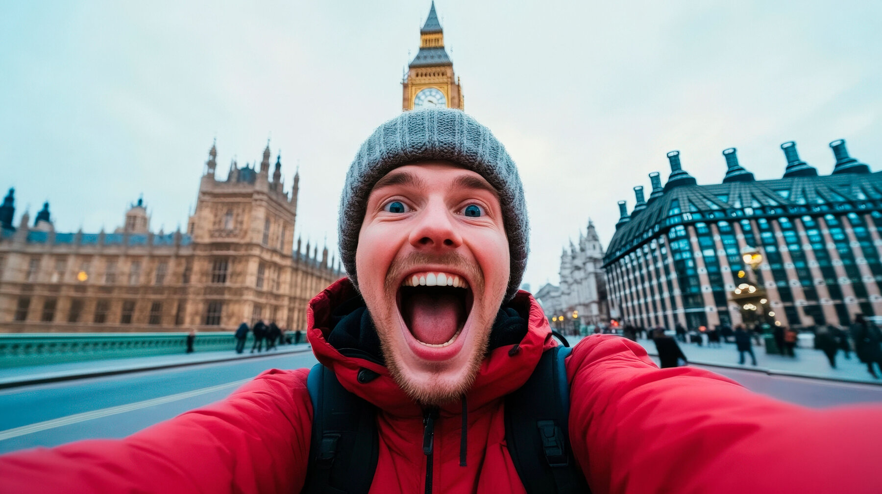 Glücklicher junger Mann vor Big Ben in London