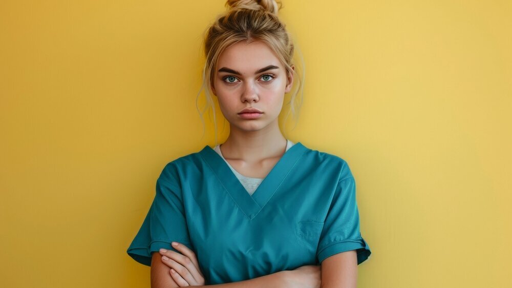 Young medical trainee, blonde hair in topknot, teal scrubs, crossed arms, shows serious expression against vibrant yellow background. Focused female apprentice in medicine, golden bun atop ZFA, ZFA-Azubi