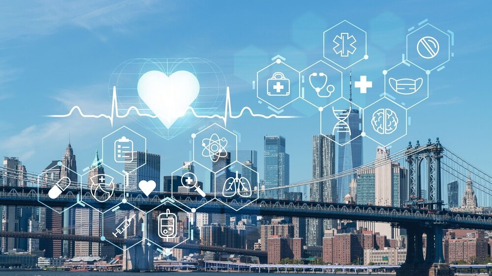 Brooklyn and Manhattan bridges with New York City financial downtown skyline panorama at day time over East River. Health care digital medicine hologram. The concept of treatment, disease prevention Brooklyn and Manhattan bridges with New York City financial downtown skyline panorama at day time over East River. Health care digital medicine hologram. The concept of treatment, disease prevention
