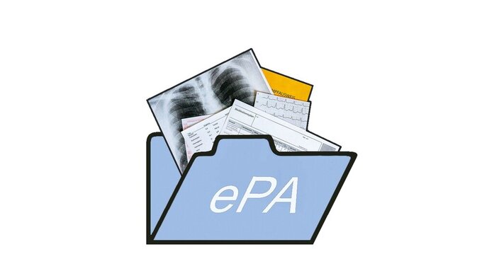 Symbol eines Dateiordners auf dem ePA steht und Patientendokumente oben herausragen, transparenter Hintergrund, horizontal