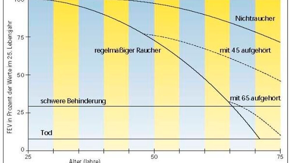 Abb.1: Lungenfunktionsverlust bei Nichtrauchern, Rauchern und nach einem (rechtzeitigen) Ausstieg. Quelle: Bundesverband der Pneumologen Deutschland).