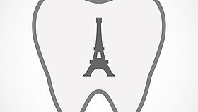 Illustration of an isolated line art tooth icon with   the Eiffel tower