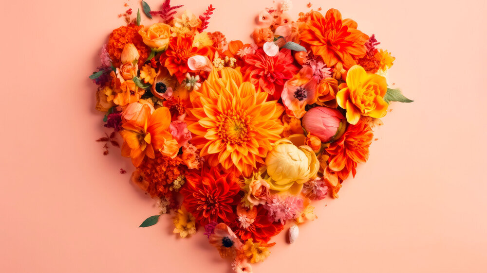 A heart made of flowers on a light orange surface, soft pastel colors with organic form. Romantic symbol for Valentines Day and Mother's Day. Generative AI Herz aus Blumen