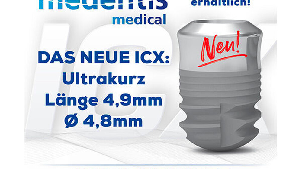 Das neue ultrakurze ICX-Tissue Level Implantat mit 4,9 mm Länge bei einem Durchmesser von 4,8 mm gibt Implantologen die Möglichkeit, ganz individuell auf verschiedene Knochengegebenheiten zu reagieren.