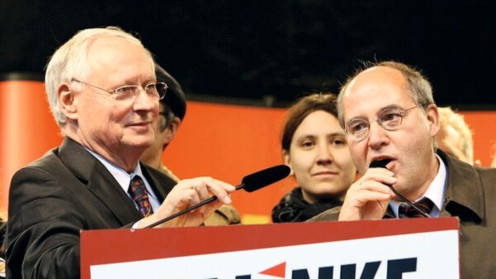 Die Spitzenkandidaten der LINKEN Oskar Lafontaine (li.) und Gregor Gysi