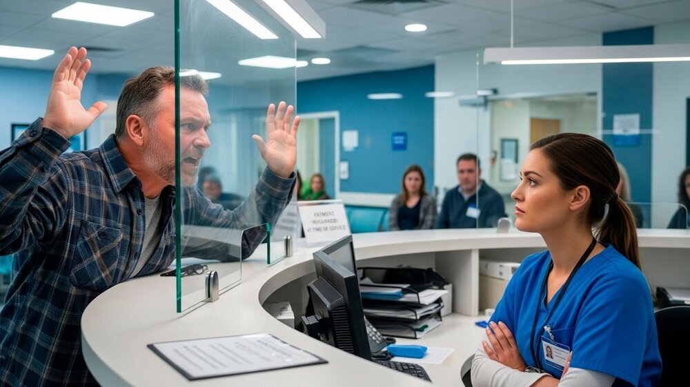 An agitated patient argues with a nurse at a hospital reception desk, creating a tense scene