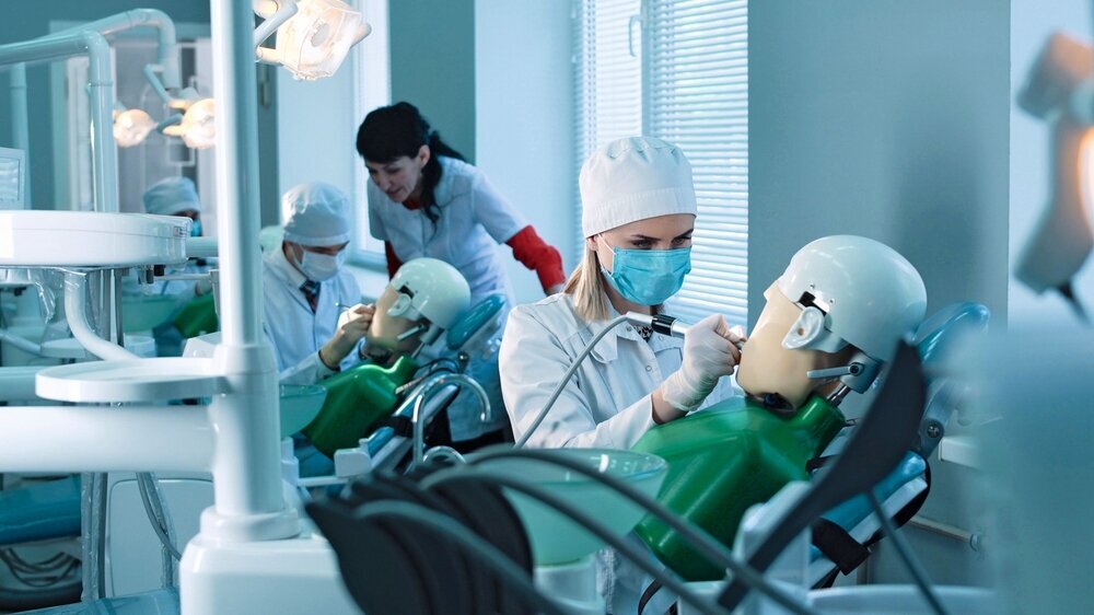Studierende Zahnmedizin arbeiten an Phantomköpfen Studierende Zahnmedizin arbeiten an Phantomköpfen