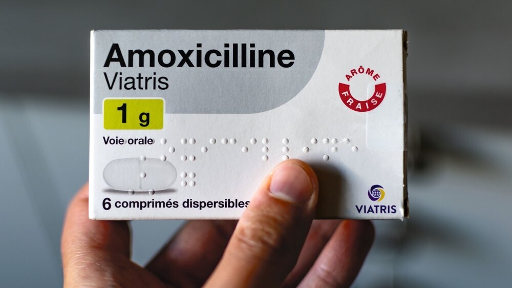 Genaville, France, August 23 2023 : Amoxicillin antibiotic medication by Viatris Genaville, France, August 23 2023 : Amoxicillin antibiotic medication by Viatris