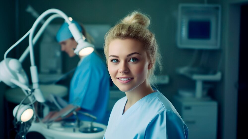 Portrait of a proud female dental hygienist student in college, smiling confidently as she represents her future occupation and the value of education, generative ai Zahnärztin Studentin