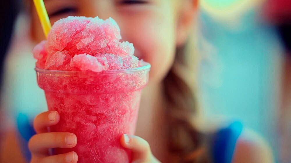 Mädchen hält Becher mit rotem Slush-Eis Mädchen hält Becher mit rotem Slush-Eis