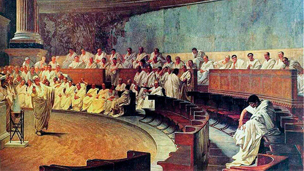 Der Römische Senat – hier redet stehend Cicero gegen den Politiker Catalina – wurde faktisch von Kaiser Augustus entmachtet. Das Bild wurde gemalt von Cesare Maccari. |