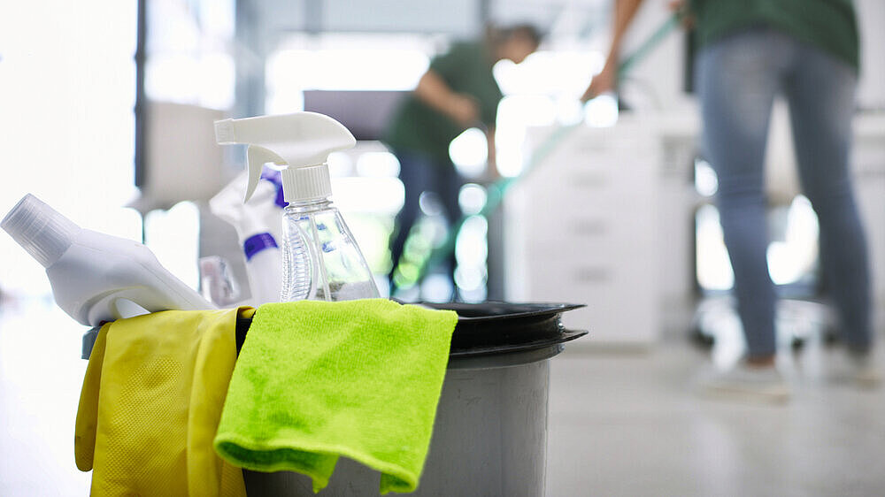 Bucket, supplies and people with cleaning in office, antibacterial products and disinfectant spray. Equipment, germ protection and janitor with sanitary kit for housekeeping, hygiene and dirt cleaner Bucket, supplies and people with cleaning in office, antibacterial products and disinfectant spray. Equipment, germ protection and janitor with sanitary kit for housekeeping, hygiene and dirt cleaner.