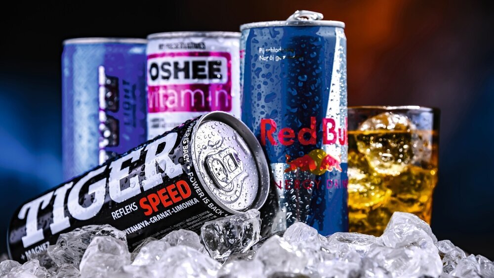 Cans of assorted global energy drink products Energydrinks
