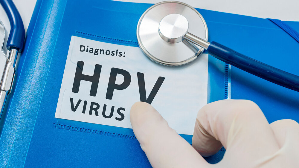 Blue folder with patient files with HPV virus diagnosis. HPV