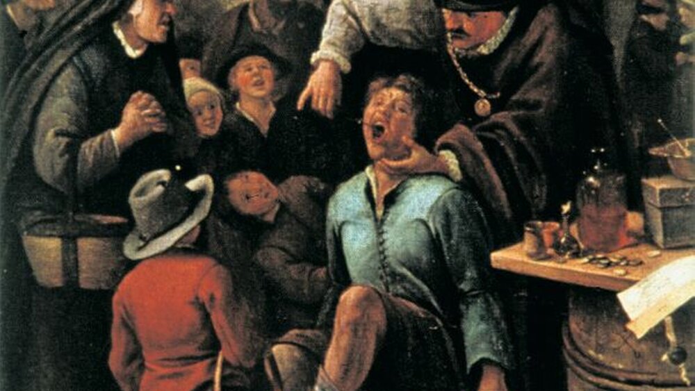 Abbildung 2: Die erste eigenständige Genreszene: „Der Zahnarzt“, 1523 von Lucas van Leiden, hier als Holzschnitt dargestellt |