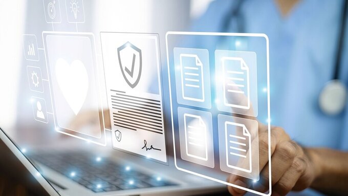Doctor using computer Document Management System (DMS), online documentation database process automation to efficiently manage files ePA