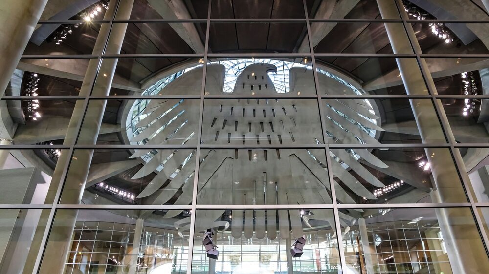 BERLIN, GERMANY - SEPTEMBER 20, 2017: Big statue of Bundesadler (German for "Federal Eagle"), Coat of arms of Germany inside the Plenary Hall of German Parliament (Deutscher Bundestag) Die UPD-Reform wurde im Bundestag verabschiedet.