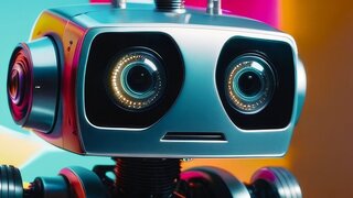 A robot with a sad face is shown in a colorful background. The robot's eyes are glowing, and it is looking down. Scene is melancholic and somewhat eerie