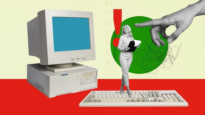 Fotocollage: Frau auf PC-Tastatur