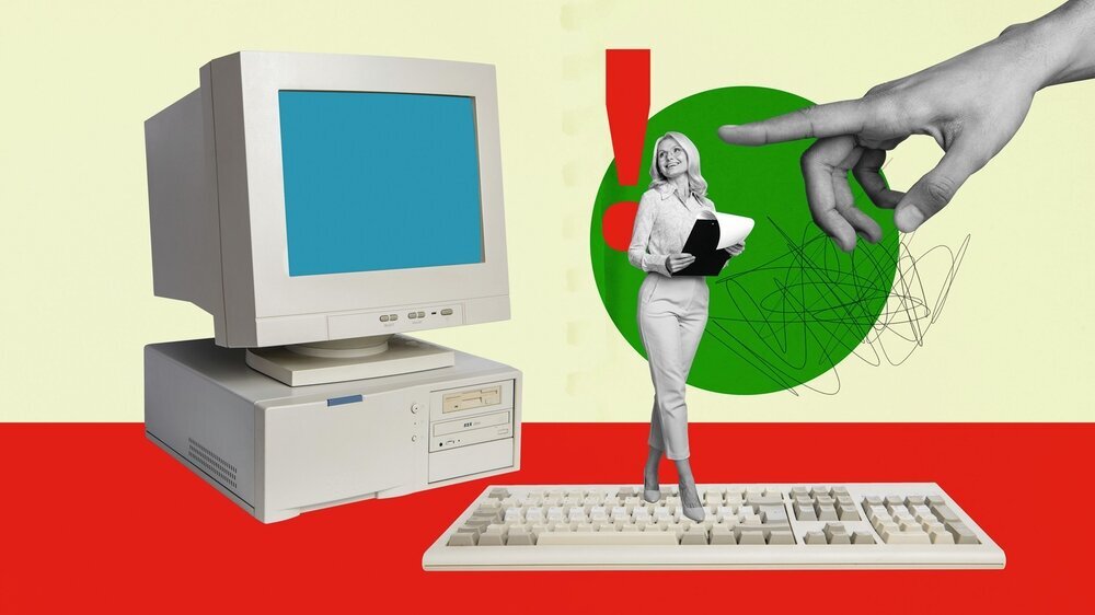 Fotocollage: Frau auf PC-Tastatur