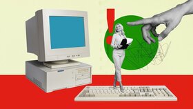 Fotocollage: Frau auf PC-Tastatur