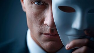 Man in suit holds white mask, half his face concealed. Soft light highlights his eyes, showing hidden intensity. Mysterious expression suggests deception, hidden truth beneath