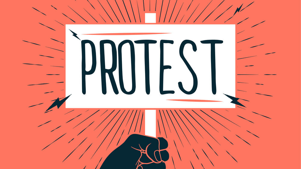 Demonstration, revolution, protest raised arm fist holding banner with protest caption. Black arm silhouette on red background. Vector illustration. Schleswig-Holsteins Zahnärzte organisieren eine Protestaktion gegen das GKV-Finanzstabilisierungsgesetz.