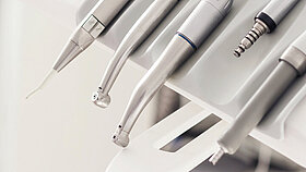 Closeup banner of a modern dentist tools, burnishers with blurred background. High quality light horizontal photo from dentist room