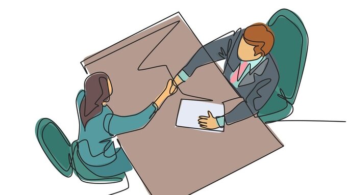 Continuous line drawing of young manager handshake his female worker to congratulate her dealing a project. Business agreement concept. Single line drawing graphic vector illustration