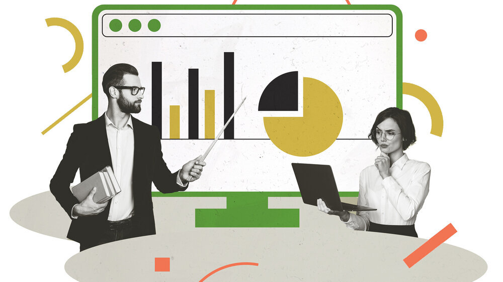 Sketch template design photo collage of young man lady team show presentation target success goal business charts diagram work laptop.