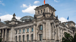 Photograph of the architecture of the famous landmark of the old German Reichstag building in Berlin.