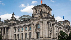 Photograph of the architecture of the famous landmark of the old German Reichstag building in Berlin.