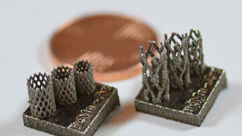 Prototypen eines vom Lehrstuhl Werkstoffkunde mittels pulverbettbasiertem selektiven Laserstrahlschmelzen gefertigten Stents aus einem Eisen-Mangan-Silber-Mischmaterial im Vergleich zu einer 1-Cent-Münze.