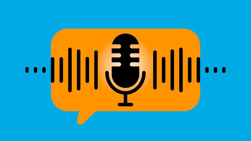 Podcast logo design with a microphone icon and audio wave lines.