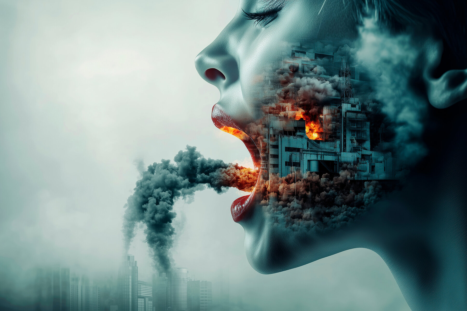 Amidst a thick haze, a woman's expressive face releases dark smoke, symbolizing the destructive impact of urban pollution on our world and health.