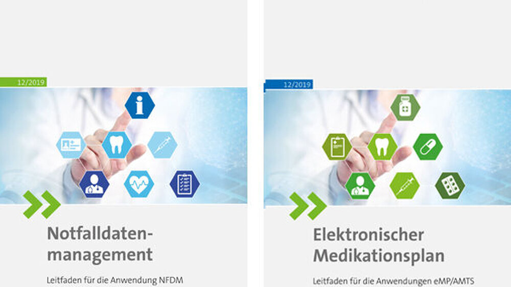 Die beiden Broschüren enthalten praktische Hinweise anhand konkreter Szenarien zu den TI-Anwendungen "Elektronischer Medikationsplan/Arzneimitteltherapie-Sicherheitsprüfung (eMP/AMTS)" sowie zum "Notfalldatenmanagement (NFDM)"