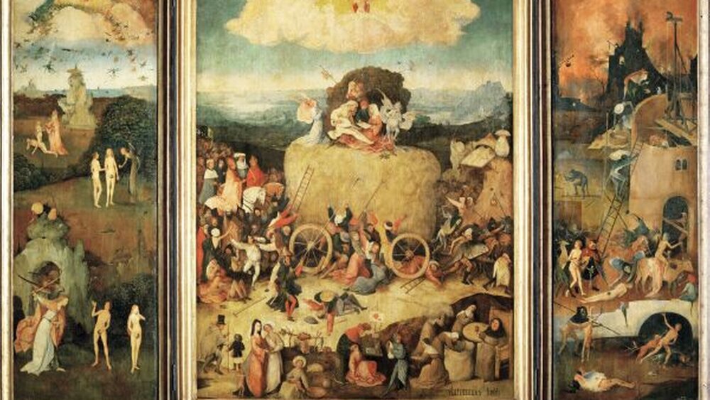 Abbildung 1: Eine der frühesten Darstellungen einer Zahnbehandlung ist versteckt (siehe Ausschnitt) im Tryptichon „Der Heuwagen“, um 1490, von Hieronymus Bosch, Prado, Madrid. |
