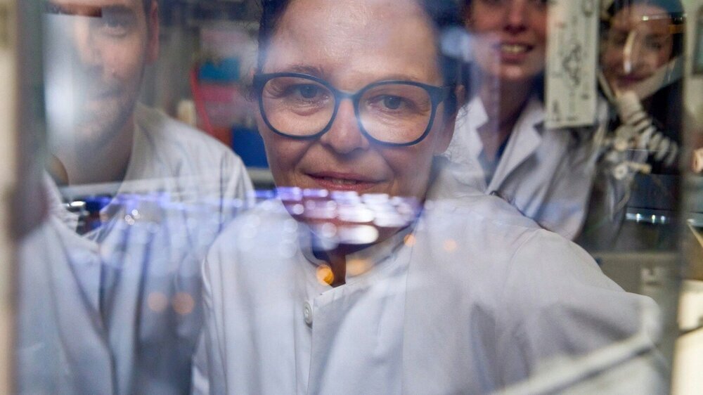 Spiegelung im Schutzschirm: - Prof. Dr. Tanja Schneider und ihr Team vom Institut für Pharmazeutische Mikrobiologie.