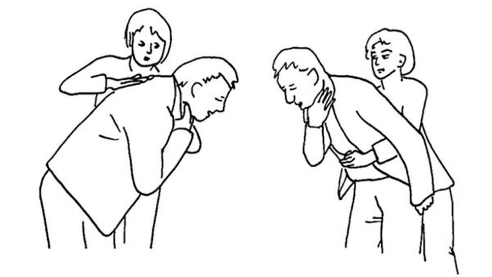 Abbildung 1: links: Schlag mit dem Ballen der Hand zwischen die Schulterblätter, rechts: Heimlich-Handgriff |