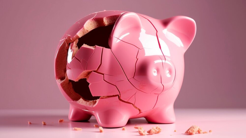 Financial crisis, broken piggy bank depicting bankruptcy, loss of investment and the economic stress. Generative AI