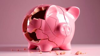 Financial crisis, broken piggy bank depicting bankruptcy, loss of investment and the economic stress. Generative AI