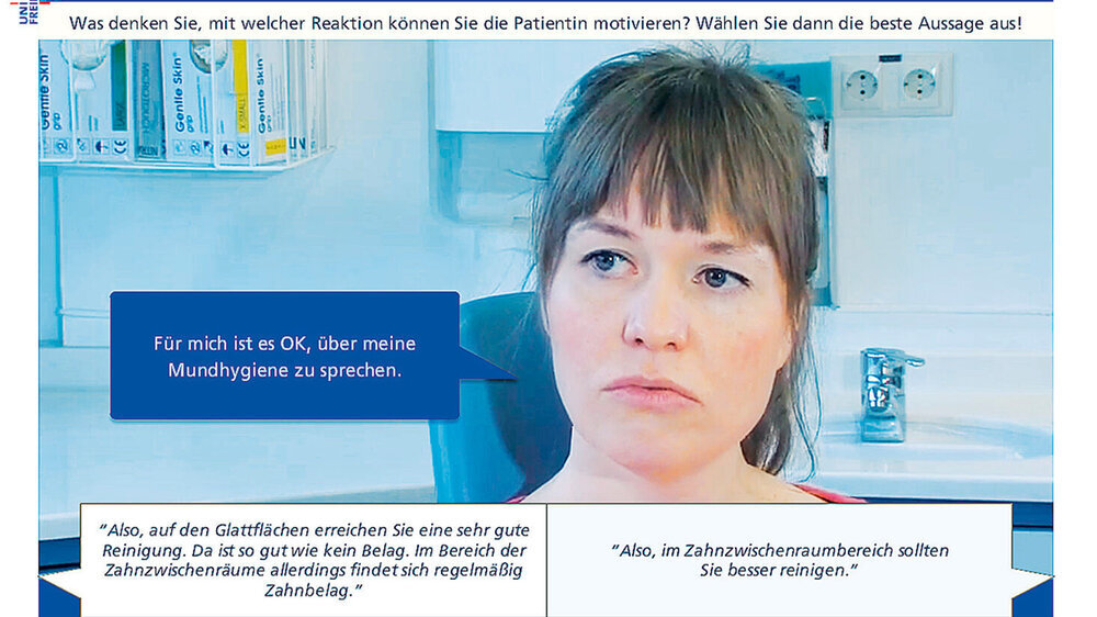 Bei den simulierten interaktiven Gesprächssequenzen muss der Anwender kommunikative Entscheidungen treffen, auf die er dann eine Patientenreaktion erhält.\r\n