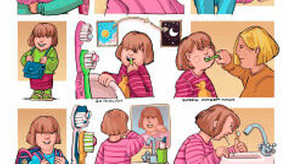 Sparsam im Gebrauch von Wörtern: Der Comic zeigt Mundhygienemaßnahmen via Illustration. Er richtet sich an alle jungen Eltern, speziell aber an Eltern in schwierigen sozialen Lebenslagen. Das Dokument steht auf www.bzaek.de/presse zum Download bereit.