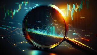 Magnifying glass on top of chart with magnifying glass in front of it. Generative AI.