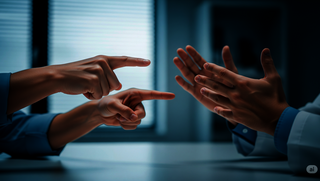 Patient und Arzt diskutieren, Gestik lässt den Schuss zu, dass der Patient aggressiv ist