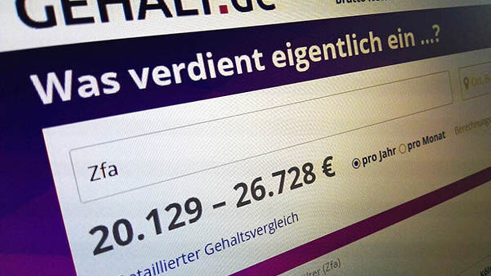 Wer in die Suchmaske von Gehalt.de einen Beruf eintippt, bekommt das Durchschnittsgehalt angezeigt. Als Datengrundlage für die Berechnung der Vergleichsdaten dienen anonymisierte Angaben von Portalnutzern. Im Fall der ZFA wird der Wert aus 6.446 abgegebe
