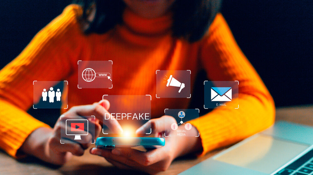 Deepfake deep learning fake news generator modern internet technology concept.